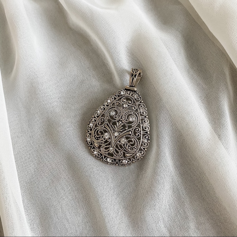Vintage Large Silver Teardrop CZ Necklace Pendant